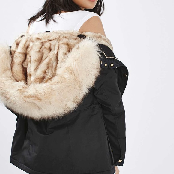 TOPSHOP Faux Fur Parka Navy Jacket - Picture 2 of 11